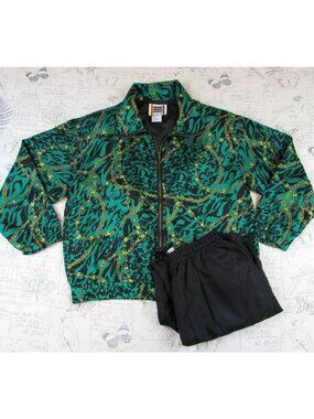 Vintage EUC EVR  Womens Animal print chains 100% Silk Jacket Pants Tracksuit  M